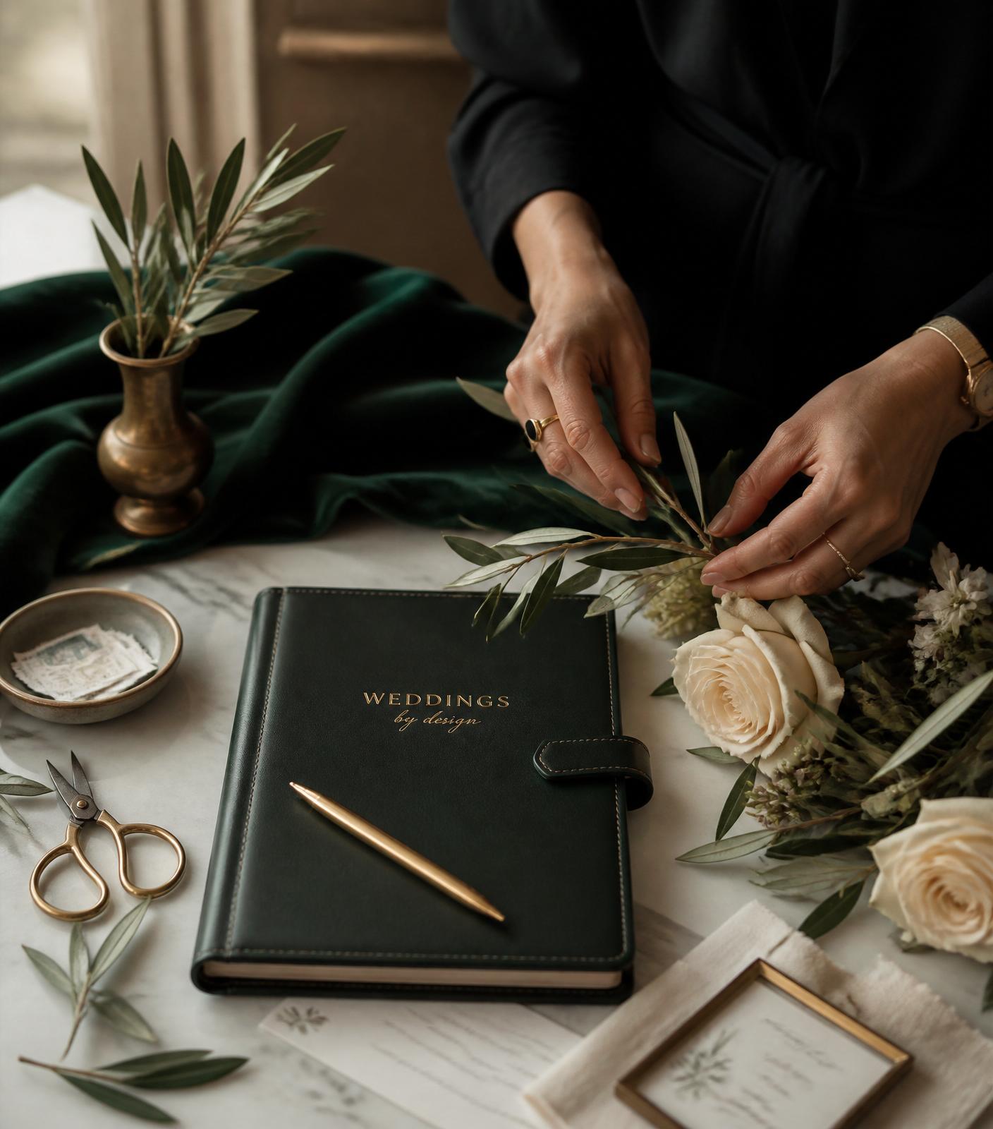 The atelier, hands arranging olive branches and roses beside a leather-bound planner